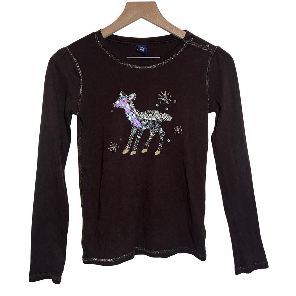 Gap Kids Long Sleeve Deer Sequin Beaded Shirt in Brown, Girls Size XXL 14-16